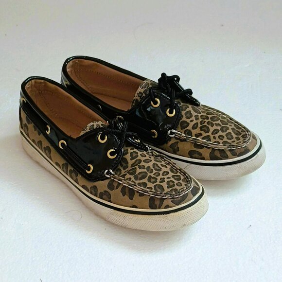 Sperry Women's Topsiders  Boat Shoes 6 Leopard Canvas Black Patent Leather Trim - Picture 1 of 10